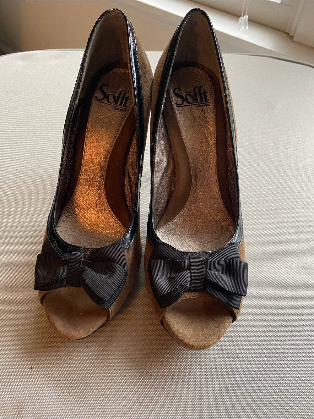 Sofft Taupe Suede Peep-Toe Heels with Black Trim and Bow